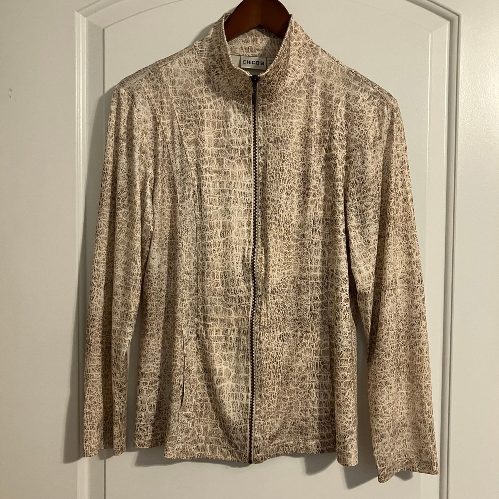 Chicos Neutral Crocodile Animal Print Full Zip Mock Neck Jacket Size‎ 2 Large